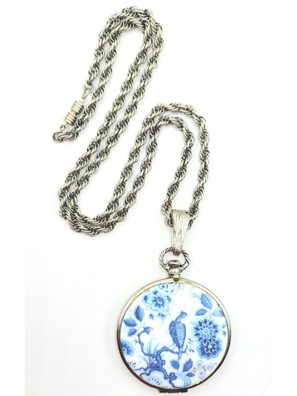 Goldette Blue White Toile Glass Locket Pendant Necklace Chain 24"